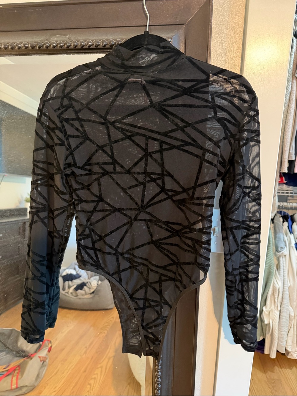 Black Sheer Geometric Long-Sleeve Bodysuit